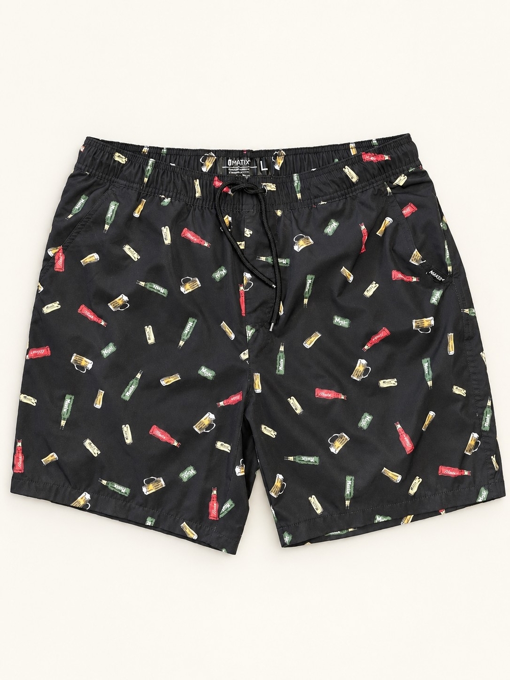 Matix Men’s Swim Trunks Size L Black Beer Bottle Print Drawstring Shorts